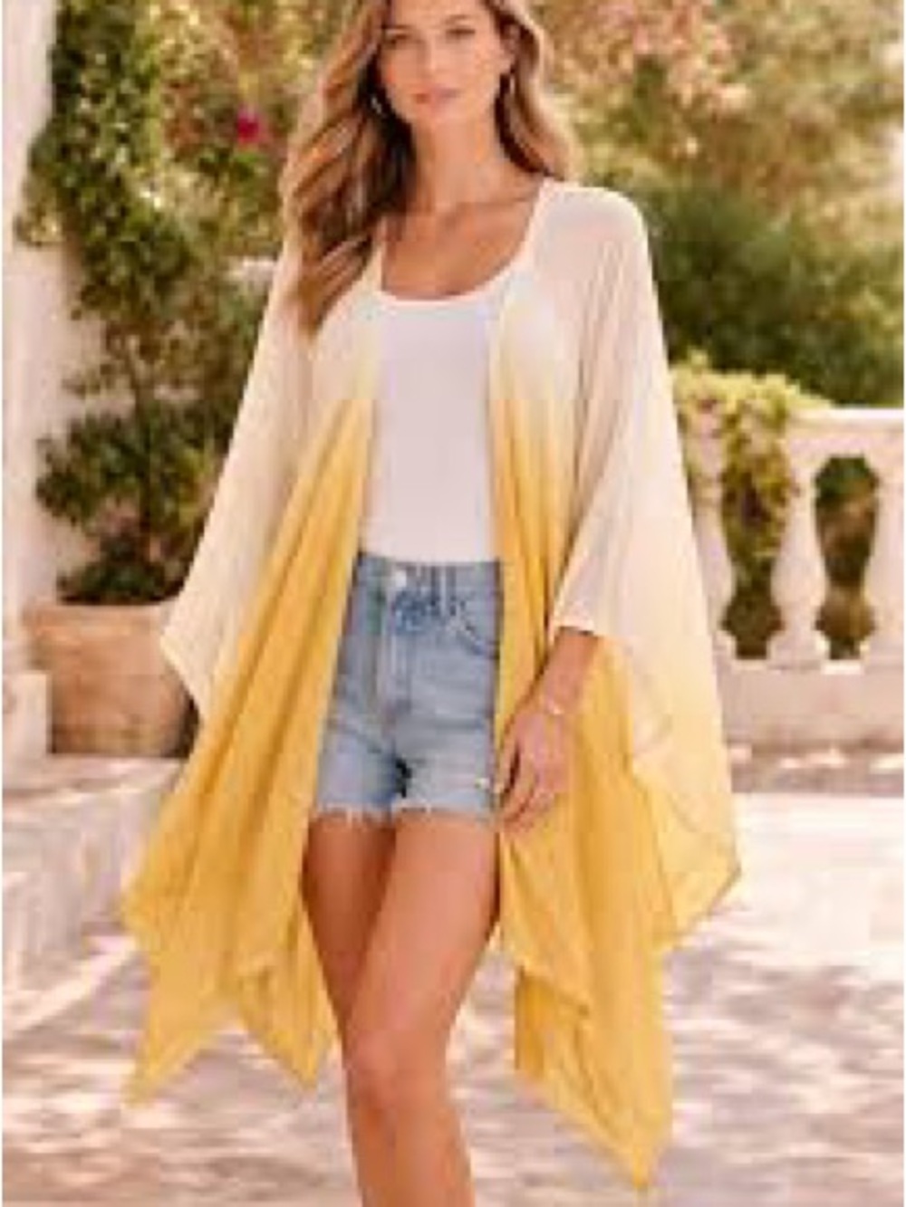 Mystree Cream to Yellow Ombre Open-Front Poncho Cardigan